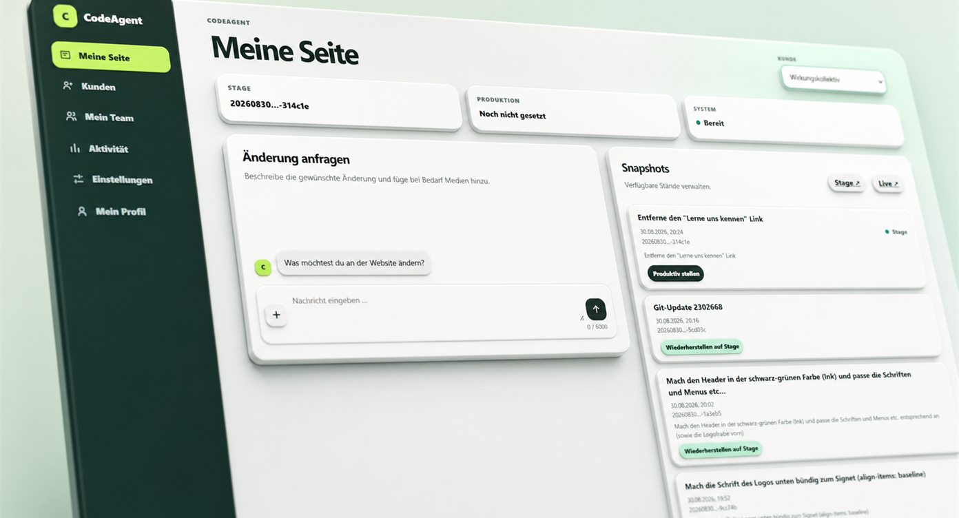 CodeAgent: Arbeitsoberfläche für Website-Änderungen und kontrollierte Veröffentlichungen