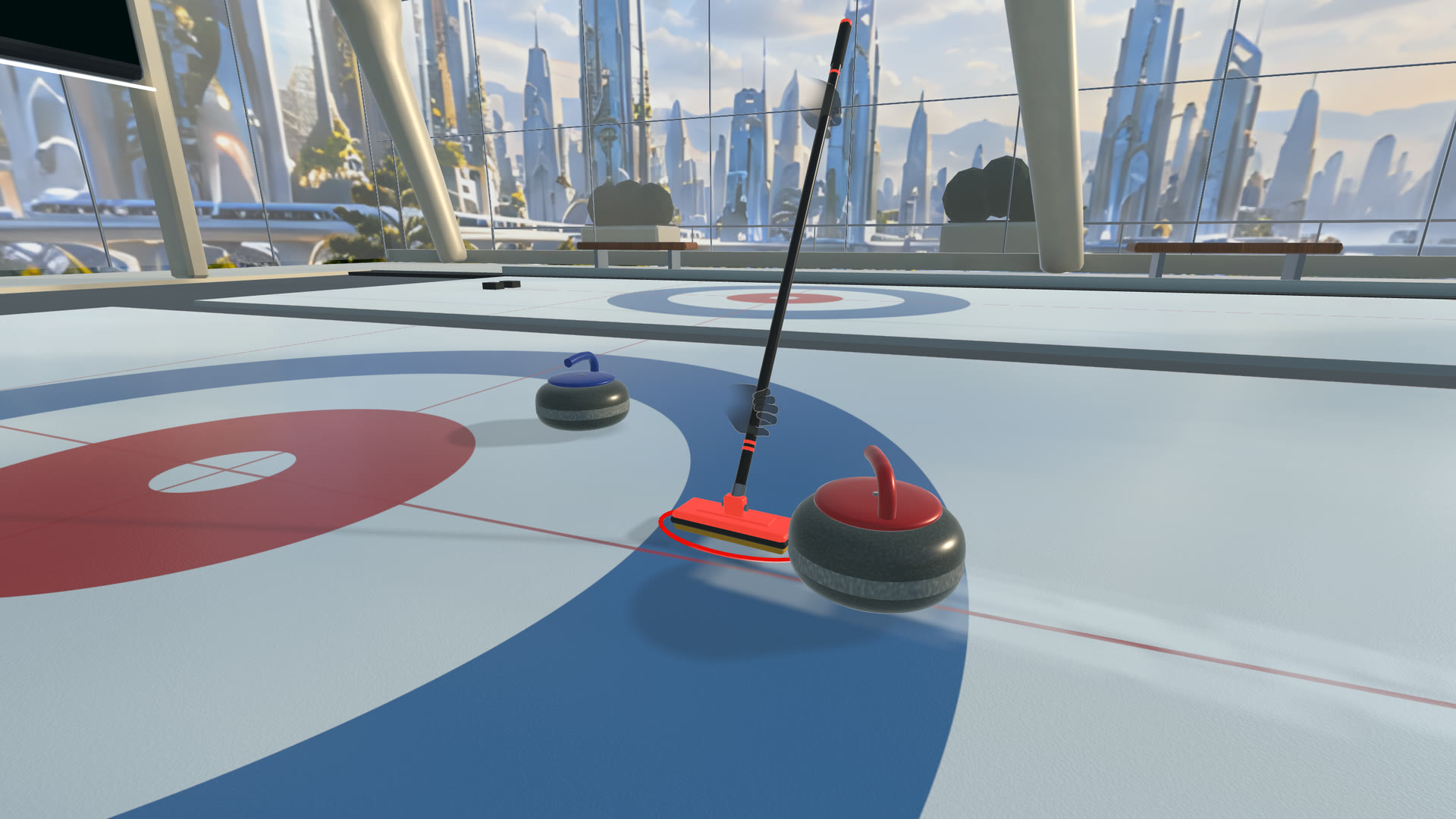 A broom sweeping in front of a running stone